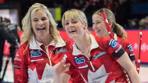 Jennifer Jones, Dawn McEwen and Kaitlyn Lawes