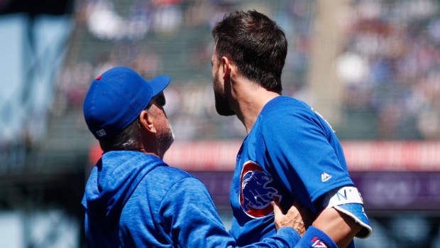 Cubs' Kris Bryant hit on helmet by pitch, leaves game