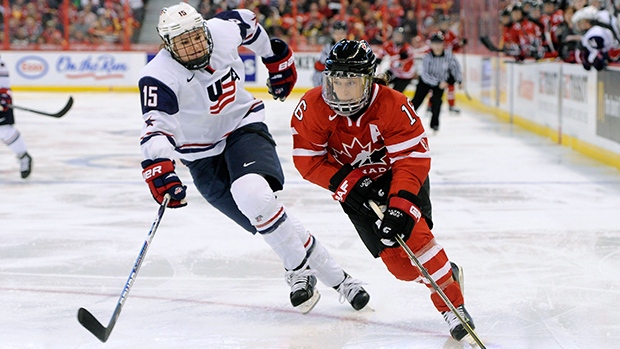 USA vs Canada women's hockey action