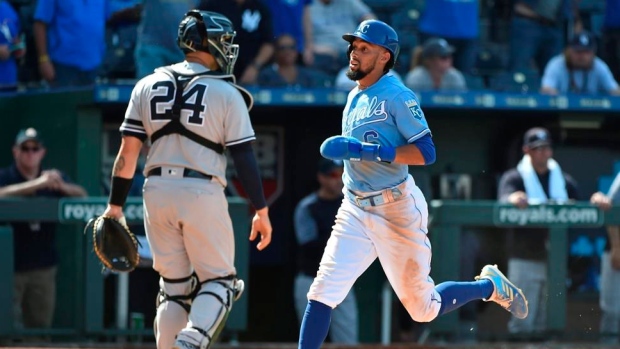 Kansas City Royals' Billy Hamilton bats during the ninth inning of a  baseball game against the