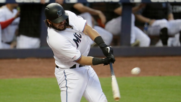 Colorado Rockies designated hitter, Jorge Alfaro (38) prepares for the game  against the Los Angeles Angels.