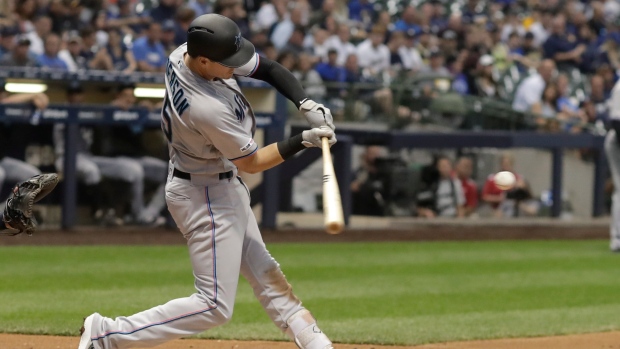 Miami Marlins' Brian Anderson playing first base vs Orioles