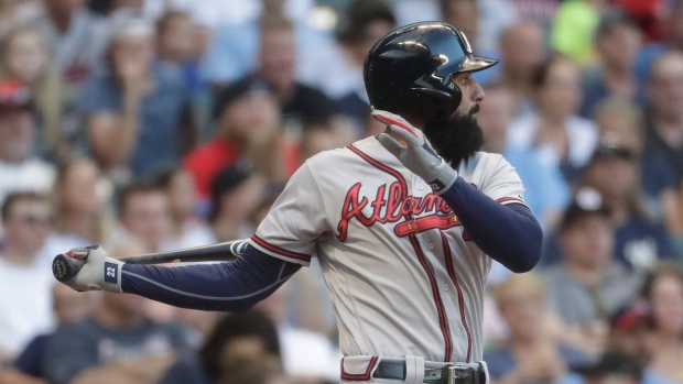 Nick Markakis of the Atlanta Braves looks on before a game against