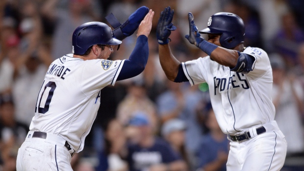  Manuel Margot, right, is congratulated by Hunter Renfroe