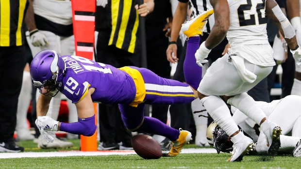 Minnesota Vikings wide receiver Stefon Diggs (14) reacts overtime of an NFL  wild-card playoff football game against the New Orleans Saints, Sunday,  Jan. 5, 2020, in New Orleans. The Vikings won 26-20. (