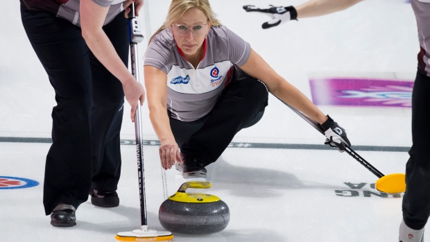 Northwest Territories fourth Jo-Ann Rizzo releases her stone Sunday in Moose Jaw.