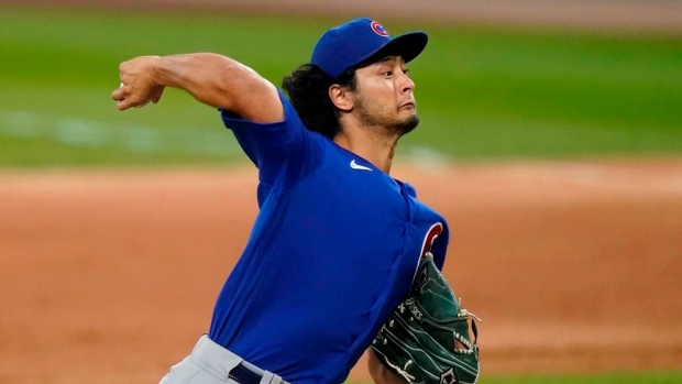 San Diego Padres starting pitcher Yu Darvish, of Japan, pauses on