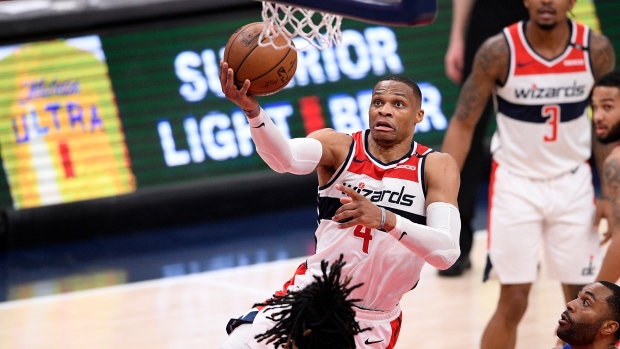 Washington Wizards' Russell Westbrook shoots against the Detroit Pistons