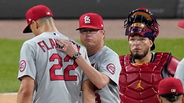 Jack Flaherty of the St. Louis Cardinals looks on prior to a game