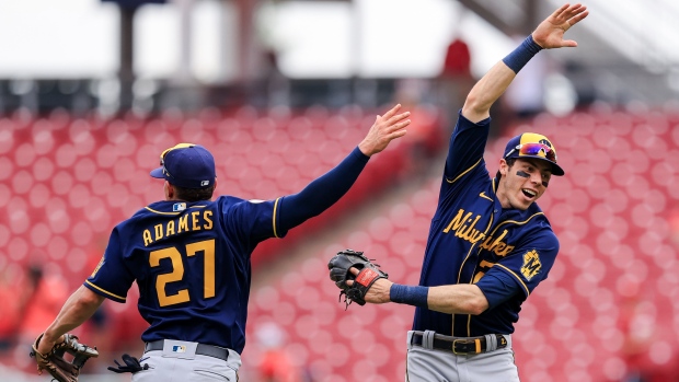 Milwaukee Brewers' Christian Yelich looks on during Jackie