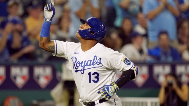 Kansas City Royals' Salvador Perez takes a lead from first base