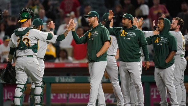 Oakland Athletics center fielder Starling Marte catches a deep fly