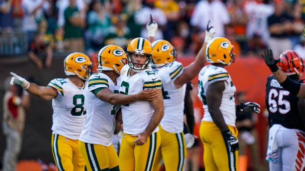 The Bengals' Evan McPherson with the celebration of missed field goal