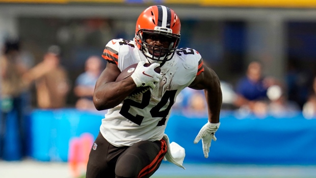 CLEVELAND, OH - DECEMBER 24: Cleveland Browns running back Nick Chubb (24)  carries the football during the first quarter of the National Football  League game between the New Orleans Saints and Cleveland