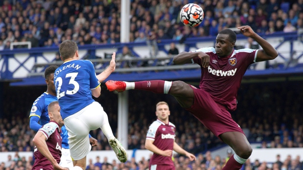 West Ham's Kurt Zouma heads the ball during the Europa Conference