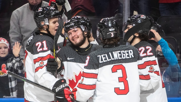 Kaiden Guhle (21), Mason McTavish (23), Olen Zellweger (3) Mavrik Bourque (22)