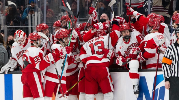 Dylan Peterson of the Boston University Terriers skates against the News  Photo - Getty Images