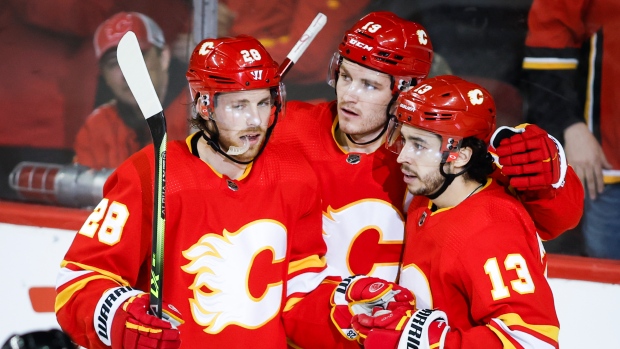 Matthew Tkachuk, Johnny Gaudreau and Elias Lindholm