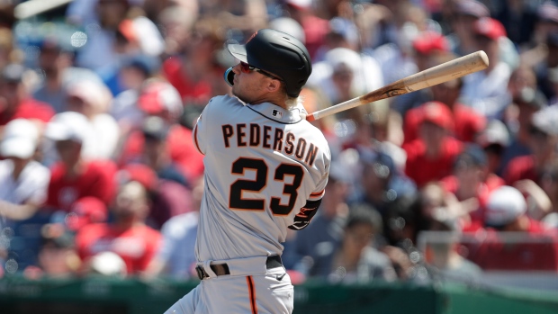 Joc Pederson of the San Francisco Giants flies out in the fourth