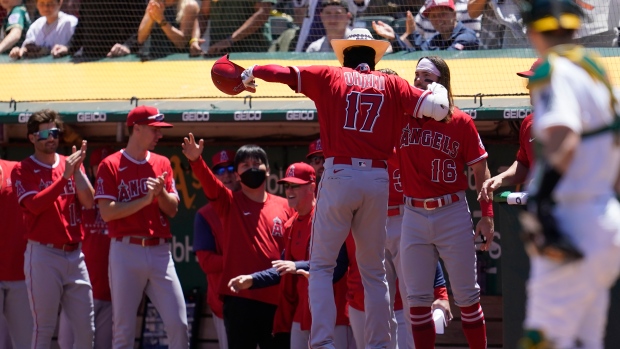 Los Angeles Angels designated hitter Shohei Ohtani wears a jersey