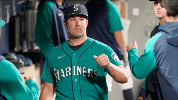 Seattle Mariners' Sam Haggerty waits for a pitch against the Los