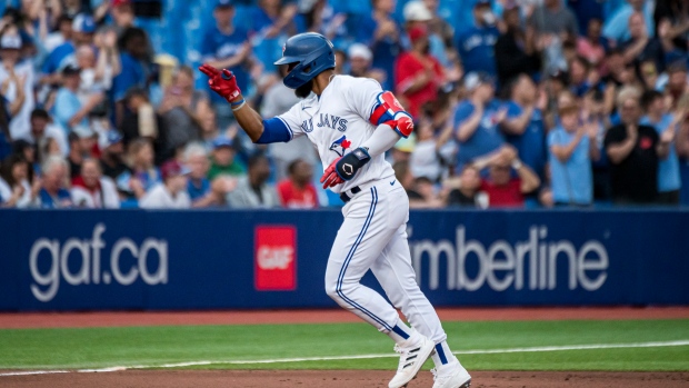 Toronto Blue Jays' Teoscar Hernandez swings at a pitch during the