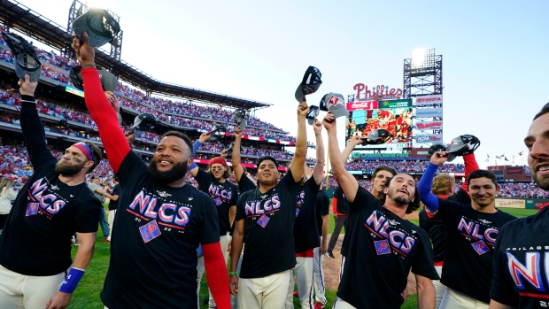 Phillies celebrate in clubhouse after NLCS win 