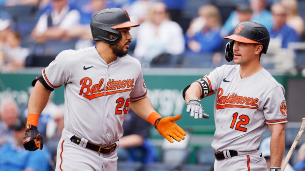 Kansas City Royals batter Freddy Fermin looks back at the scoreboard after  striking out during the seventh inning of a baseball game against the  Baltimore Orioles in Kansas City, Mo., Thursday, May