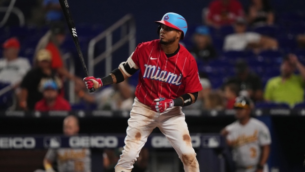 Luis Arraez of the Miami Marlins bats in the game against the Oakland in  2023