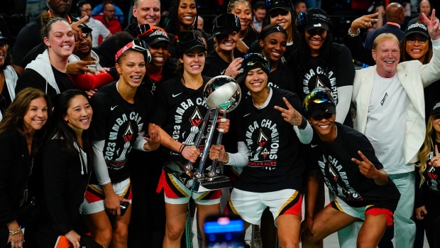 Las Vegas Aces celebrate with WNBA trophy