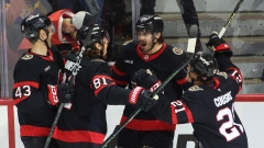 Zack MacEwen (17), Tyler Kleven (43), Adam Gaudette (81), and Nick Cousins (21)