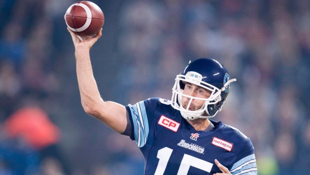 July 31, 2016: Toronto Argonauts quarterback Logan Kilgore (10) throws a  pass during the game between Toronto Argonauts and Ottawa Redblacks at TD  Place in Ottawa, ON, Canada. Toronto won 23-20 over