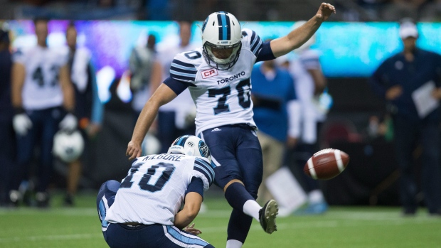 July 31, 2016: Toronto Argonauts quarterback Logan Kilgore (10) throws a  pass during the game between Toronto Argonauts and Ottawa Redblacks at TD  Place in Ottawa, ON, Canada. Toronto won 23-20 over