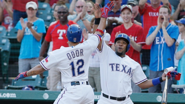 Rougned Odor: Jersey & Baseballs: Game-Used (8/9/22 vs. Blue Jays)