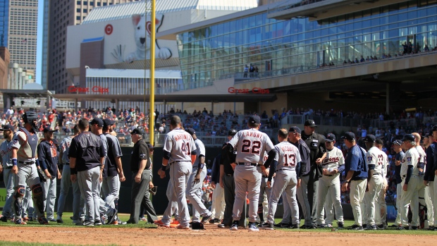 James McCann of the Detroit Tigers wears a chest protector with a News  Photo - Getty Images