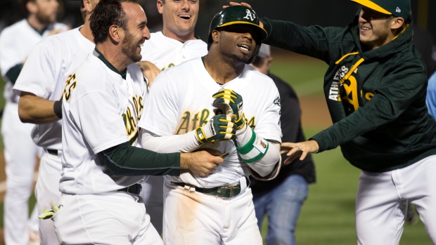 Rajai Davis and Oakland Athletics Celebrate