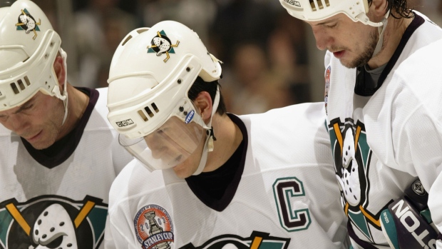 Paul Kariya of the Anaheim Mighty Ducks stands for the National News  Photo - Getty Images