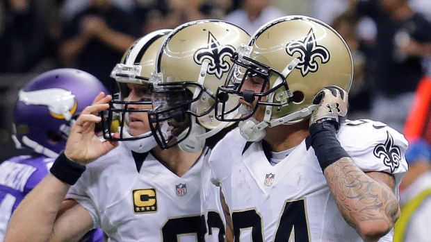 New Orleans Saints Drew Brees stretches on the sidelines before