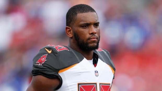 O.J. Howard of the Tampa Bay Buccaneers looks on after the game